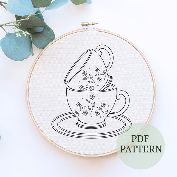 Patrón de bordado a mano, bordado para principiantes, patrón de bordado PDF, patrón de bordado de té, bordado floral neutro, diseño de taza de té