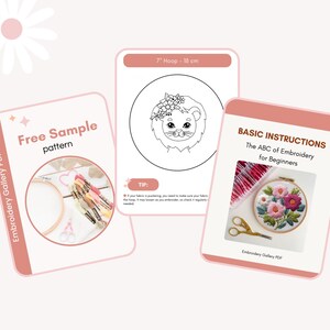 Peut inclure: Un &eacute;chantillon gratuit de mod&egrave;le de broderie pour une t&ecirc;te de lion avec une couronne de fleurs. Le mod&egrave;le est pour un cerceau de 18 cm. L'image comprend &eacute;galement un guide d'instructions de base pour les d&eacute;butants en broderie.