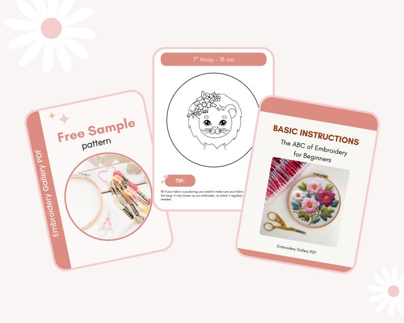 Peut inclure: Un &eacute;chantillon gratuit de mod&egrave;le de broderie pour une t&ecirc;te de lion avec une couronne de fleurs. Le mod&egrave;le est pour un cerceau de 18 cm. L'image comprend &eacute;galement un guide d'instructions de base pour les d&eacute;butants en broderie.