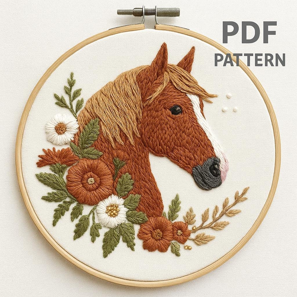 馬の絵刺繍風アート作品　送料無料 馬の刺繍パターン：納屋の動物デザイン（PDFパターン、6サイズ