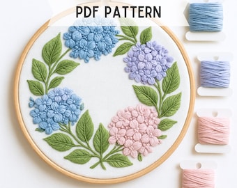 Hydrangeas Wreath Hand Embroidery Pattern: Flowers and leaves, Instant Download, Beginners friendly