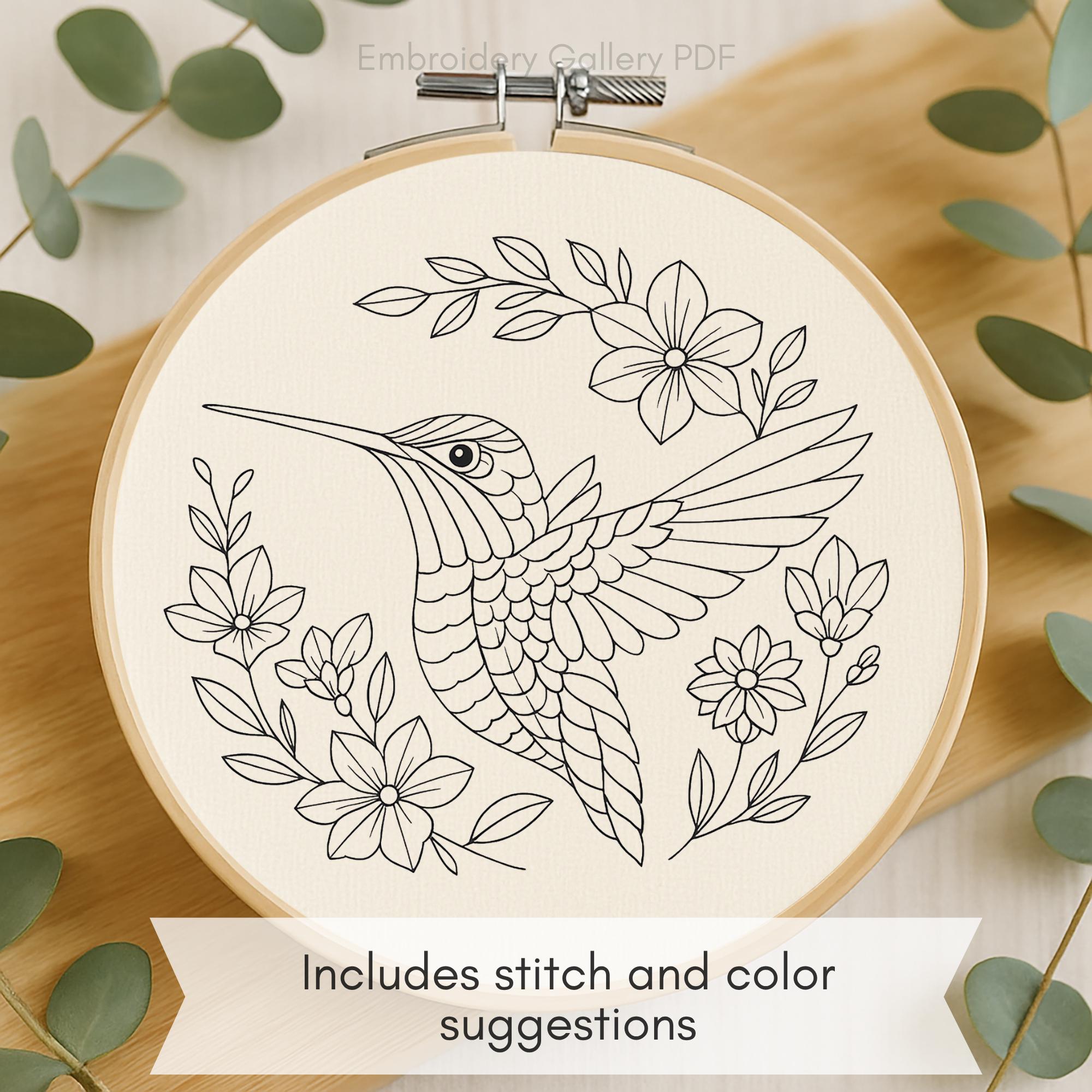 ハチドリの刺繍パターン：トロピカルフラワーのフープアート