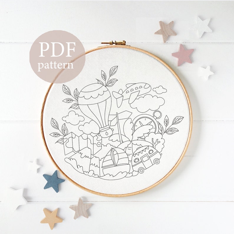Travel Adventure Hand Embroidery Pattern, Boys Room Decor (PDF Pattern ...