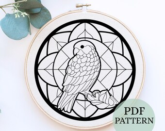 Budgie Hand Embroidery, Beginner hand Embroidery, bird stained glass pattern,Hand Embroidery template, animal Hoop Art, stained glass style