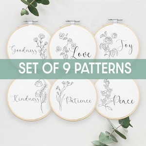 Set of 9 Fruits of the Spirit hand embroidery pattern, Instant Download,Christian decor, Scripture design, Fruits of the Spirit, Galatians 5