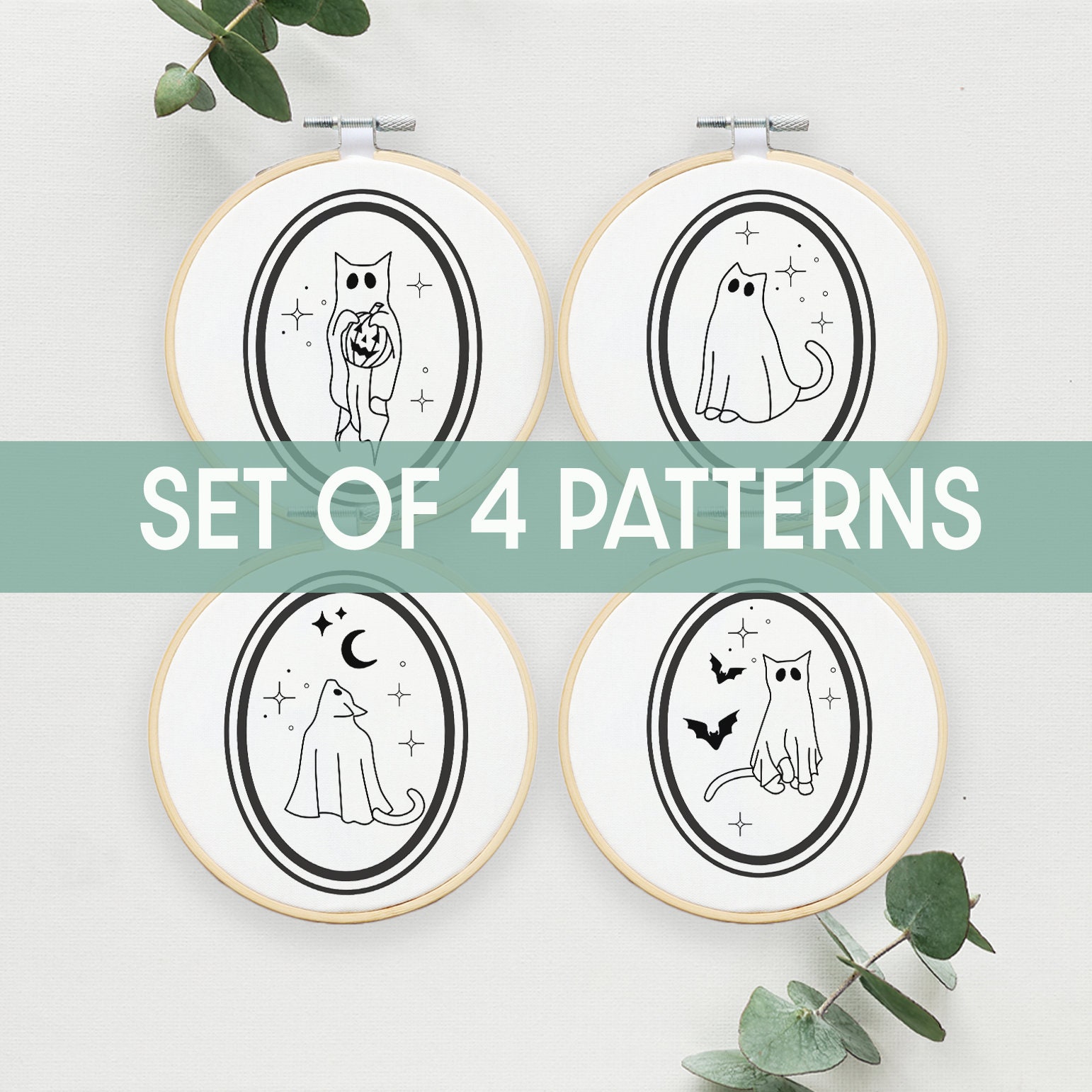 Set of 6 Sashiko Style Patterns, Nature Design, Hand Embroidery