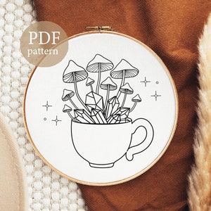May include: A black and white line drawing of a teacup filled with mushrooms and crystals. The teacup has a handle and the mushrooms have stems and caps. There are small stars around the teacup.