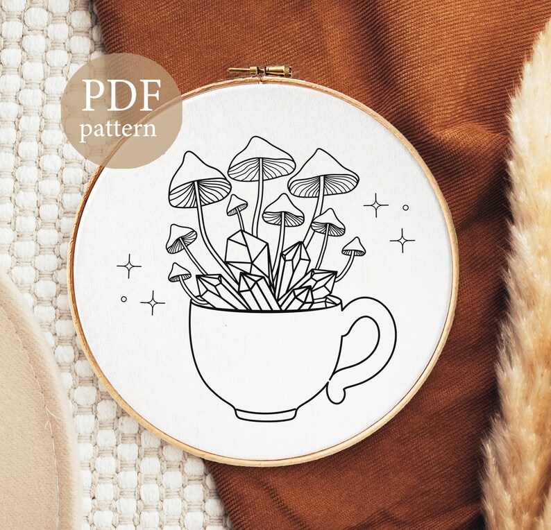 May include: A black and white line drawing of a teacup filled with mushrooms and crystals. The teacup has a handle and the mushrooms have stems and caps. There are small stars around the teacup.