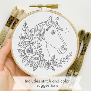 Könnte beinhalten: Ein Stickrahmen mit einem schwarz-weißen Pferdekopfdarstellung, umgeben von floralen Elementen. Der Text „Enthält Stich- und Farbvorschläge“ ist zu sehen. Mehrere Garnrollen in Beige- und Grüntönen sind ebenfalls sichtbar.