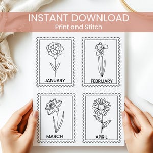 May include: Printable flower stamps for each month of the year.  The stamps feature a carnation for January, an iris for February, a daffodil for March, and a daisy for April.  The stamps are black and white and have a vintage look.