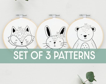 Set of 3 Embroidery PDF Pattern, Cute animals Design, Digital Download, Simple Easy Whimsical Animal Embroidery for Nursery decor, woodland