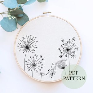 野生の花の手刺繍パターン、野生の花タンポポ、手刺繍バンドル、花の刺繍デザイン、PDF デジタルダウンロード