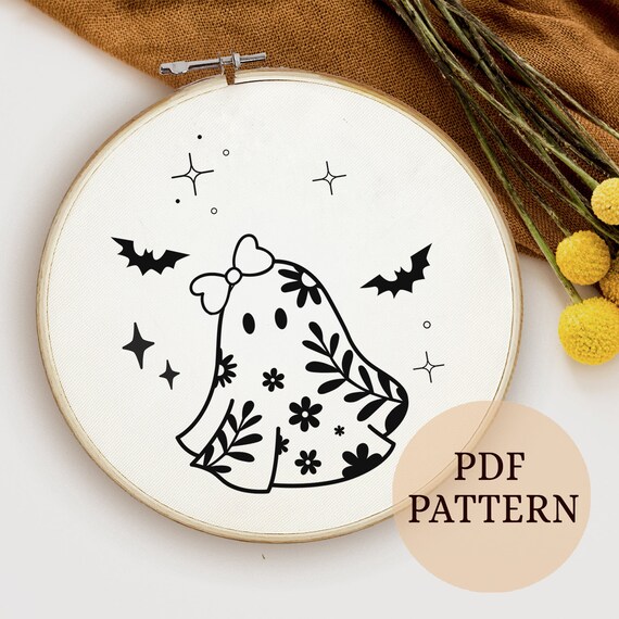 Floral Ghost Embroidery Pattern, Spooky Season Art (PDF Pattern)