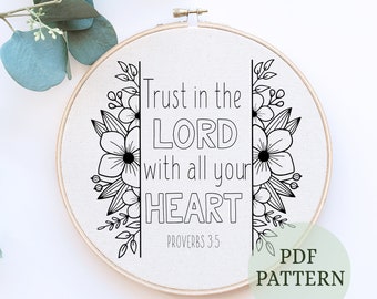 Beginner Christian Embroidery PDF Pattern Trust in the Lord Instant Download, Christian verse Embroidery Pattern Decor, Christian Wall art