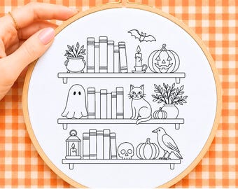 Halloween Bookshelf Embroidery Pattern Autumn Hand Embroidery Design Jack O Lantern Cat Ghost Crow PDF Printable Template