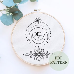 Moon Magic Beginner, Hand Embroidery Pattern, Modern Crescent Moon, Line Art DIY, PDF Digital Download, mystical embroidery, wall decor
