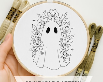 Floral Ghost Embroidery Pattern, Spooky Cute Halloween Hoop Art (PDF)