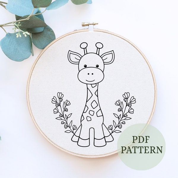 DIY Embroidery, Autumn Giraffe, Fall Design cute giraffe with leave, easy to embroider, beginner friendly hand embroidery, Animal embroidery
