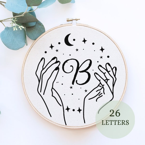 Handful of Stars Embroidery, Alphabet Letters,  PDF Pattern, Modern Hand Embroidery, DIY Embroidery Hoop, Celestial, Sun and Moon, Monogram