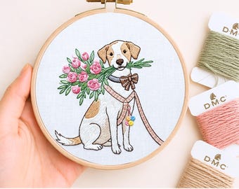Dog Embroidery Pattern PDF Digital Download Hand Embroidery Hoop Art Beginner Friendly Puppy Pet Portrait Floral Bouquet Wall Art Needlework