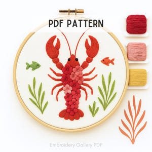 Coastal lobster pattern, hand embroidery PDF pattern, kitchen wall decor printable, DIY project, digital PDF transfer for beach house style