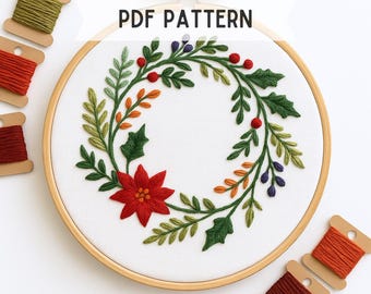 Holiday Wreath Hand Embroidery Pattern: poinsettia flowers, Instant Download, Beginners friendly