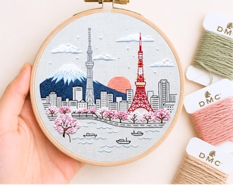 Tokyo Embroidery Pattern PDF Digital Download Hand Embroidery Hoop Art Beginner Friendly Japan Skyline Cherry Blossom Wall Art Needlework