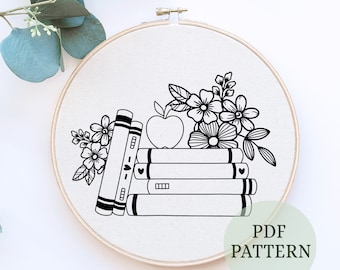 Books Embroidery Pattern, Book Lover Embroidery, Flower Books Embroidery, Plants Embroidery PDF, Book Lover Embroidery Reading Embroidery
