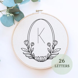 Set Hand Embroidery pattern PDF, embroidery template, 26 monograms, alphabet with Floral Wreath, needlework pattern pdf, initial and letter