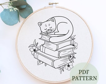 Sleeping Cat Embroidery Pattern: Boho Floral Design (PDF Pattern)