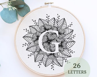 Floral Alphabet Embroidery PDF Pattern, Instant Digital Download, Letter Embroidery Design with Flowers, Floral Monogram , hand stitched art