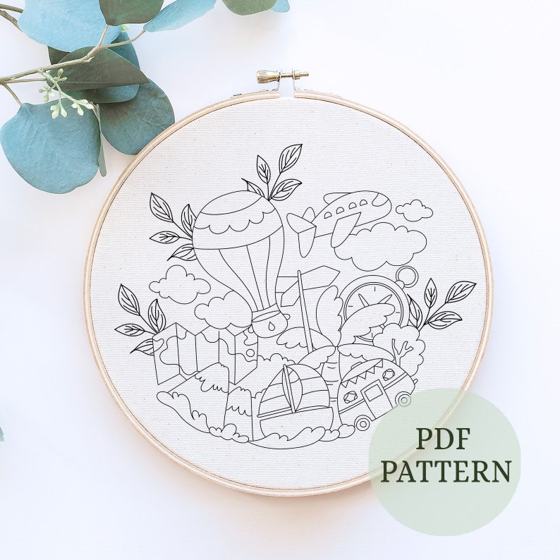 Travel Adventure Hand Embroidery Pattern, Boys Room Decor (PDF Pattern ...
