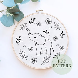 Elephant Hand Embroidery Patterns, elephant pattern, hand embroidery, printable pattern, floral elephant pattern, needlework, cute elephant