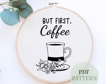 Patrón de bordado de café: Diseño floral, bordado (descarga digital)