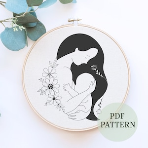 Hand embroidery breastfeeding line art, floral embroidery hoop, Breastfeeding Hand Embroidery pattern, PDF Pattern, Floral Digital download