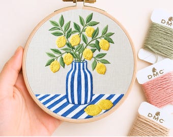 Lemon Embroidery Pattern PDF Digital Download Hand Embroidery Hoop Art Beginner Friendly Citrus Botanical Kitchen Art Cottagecore Needlework