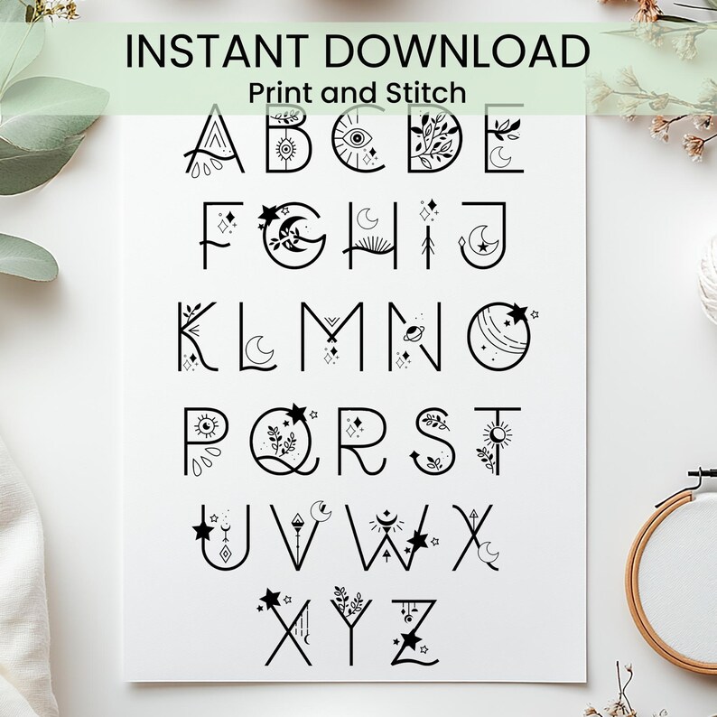 Celestial Alphabet Embroidery Pattern: Floral Stick and Stitch (PDF) - Etsy