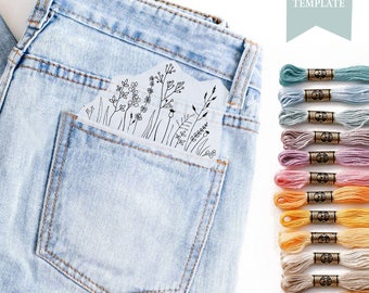 Modello di ricamo a forma di fiore tascabile: decorazione jeans (modello PDF)