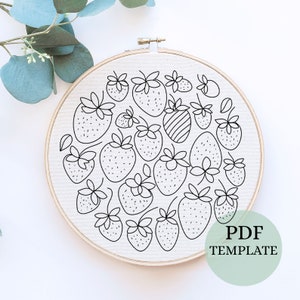 Borduursjabloon aardbeien, pdf-patroon, schattig aardbeidecor, borduurontwerp, aardbeiborduurwerk, keukendecor, zomerambachten
