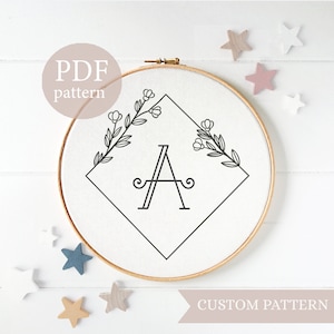 Bordado personalizado, Padrão de bordado de letras florais, Letra inicial do alfabeto floral, Monograma floral para iniciantes, Bordado à mão, Padrão em PDF