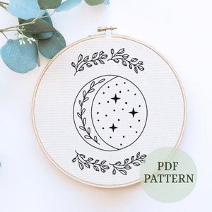 Crescent Moon Embroidery Pattern, Celestial Needlepoint Pattern, Beginner Hand Embroidery, Floral Moon And Stars, Celestial Hand Embroidery