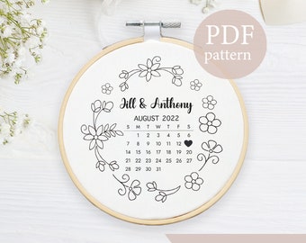 Wedding calendar, Anniversary calendar, Boho Wreath Embroidery Pattern, beginner Embroidery Pattern, Modern Embroidery, Floral Embroidery