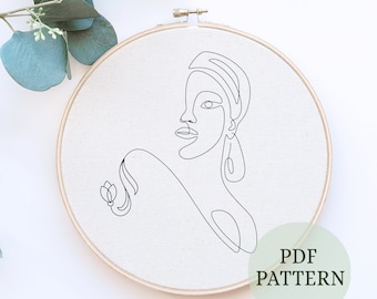 Hand Embroidery Pattern PDF, Female embroidery pattern, Modern embroidery PDF, Hand embroidery pattern, Woman face line art, Wall decor