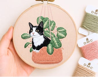 Cat Embroidery Pattern PDF Digital Download Hand Embroidery Hoop Art Beginner Friendly Pet Portrait Cat Plant Wall Art Needlework