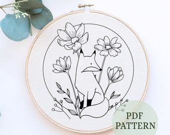 Floral Fox Embroidery Pattern: Beginner Friendly, kids room decor (PDF Pattern)