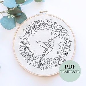 Strawberries wreath Embroidery, PDF Pattern, Cute Strawberry Decor, Embroidery Design, Hummingbird Embroidery, Kitchen Decor, summer crafts