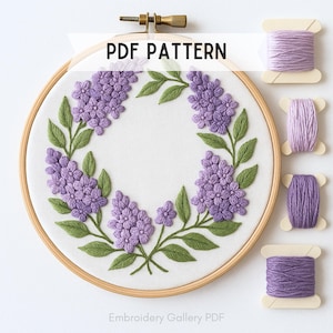 Lilacs Wreath Hand Embroidery Pattern: Flowers and leaves, Instant Download, Beginners friendly