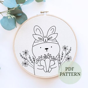 Hand Embroidery Pattern design, Rabbit Embroidery PDF Pattern, woodland creatures, nature embroidery, bunny pattern, Template for transfer