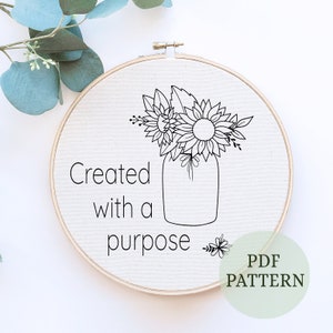 Created with a purpose Hand Embroidery Pattern,  PDF Pattern, Christian verse Embroidery Pattern Decor, Christian sayings, Christian Wallart