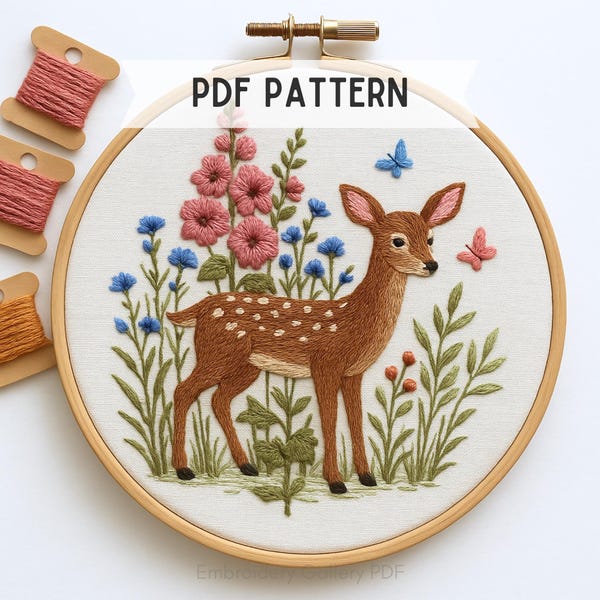Floral Fawn Hand Embroidery Pattern: Wildflowers and deer, Instant Download, Beginners friendly